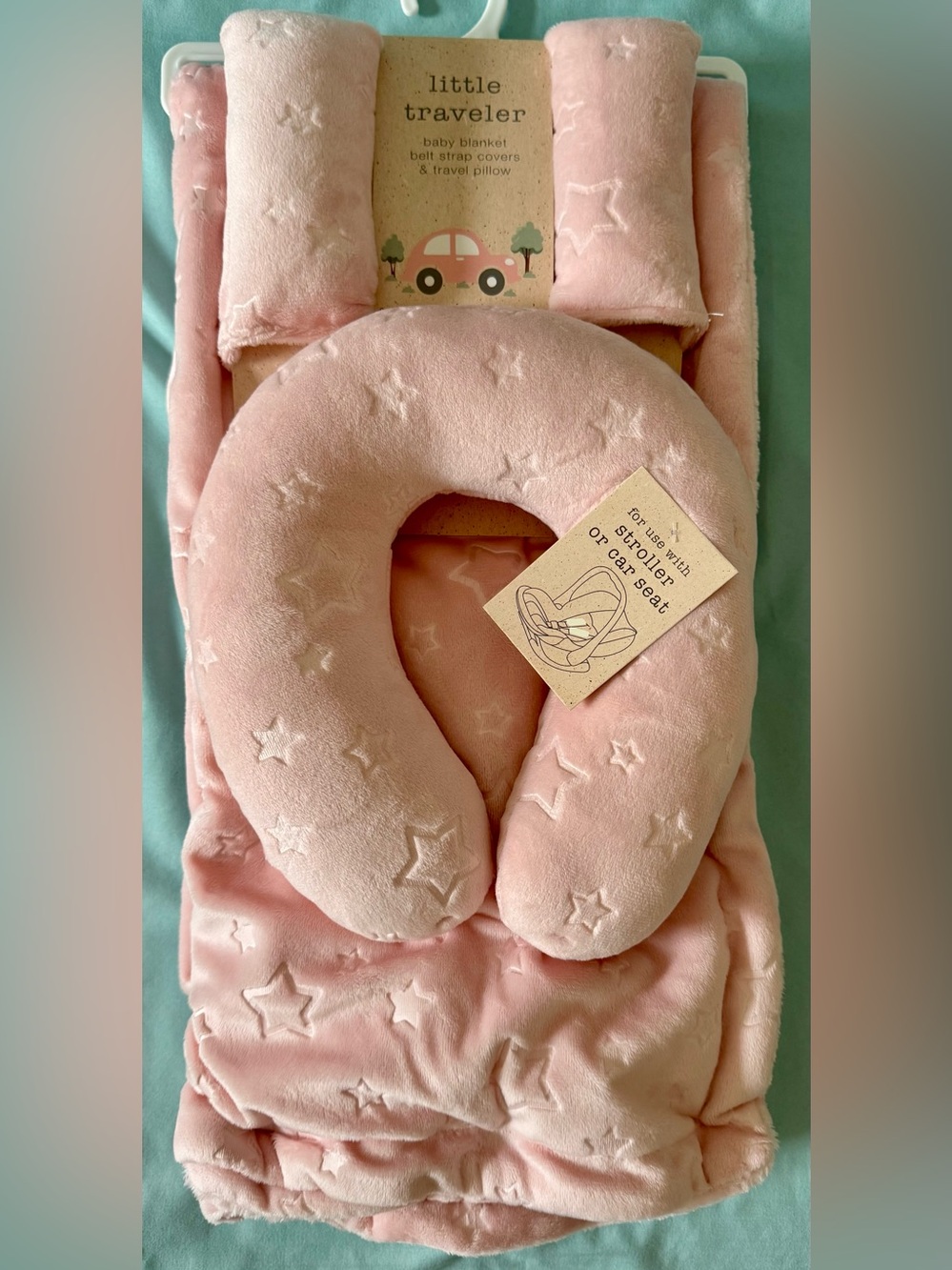 Little Traveler Light Pink Star Baby Blanket, Strap Covers & Travel Pillow Set